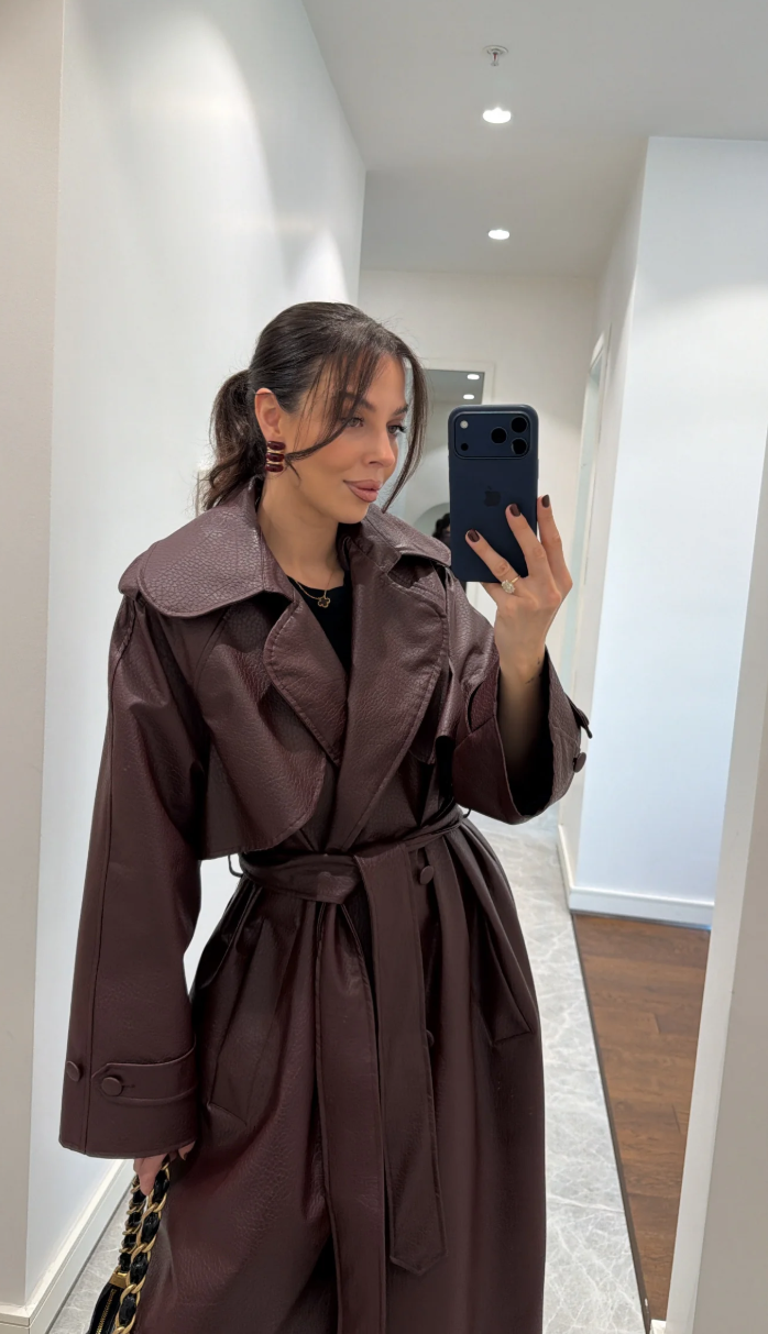 Crocodile-Textured Padded Trench Coat — Burgundy