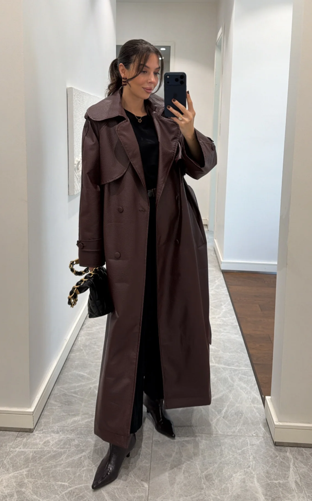 Crocodile-Textured Padded Trench Coat — Burgundy