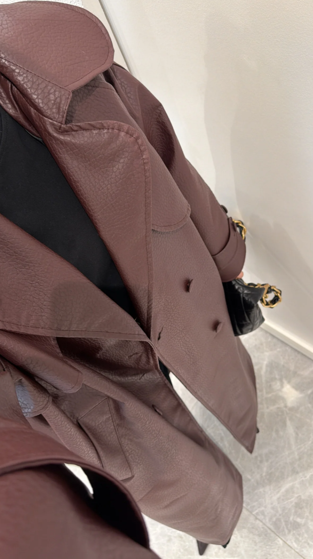 Crocodile-Textured Padded Trench Coat — Burgundy