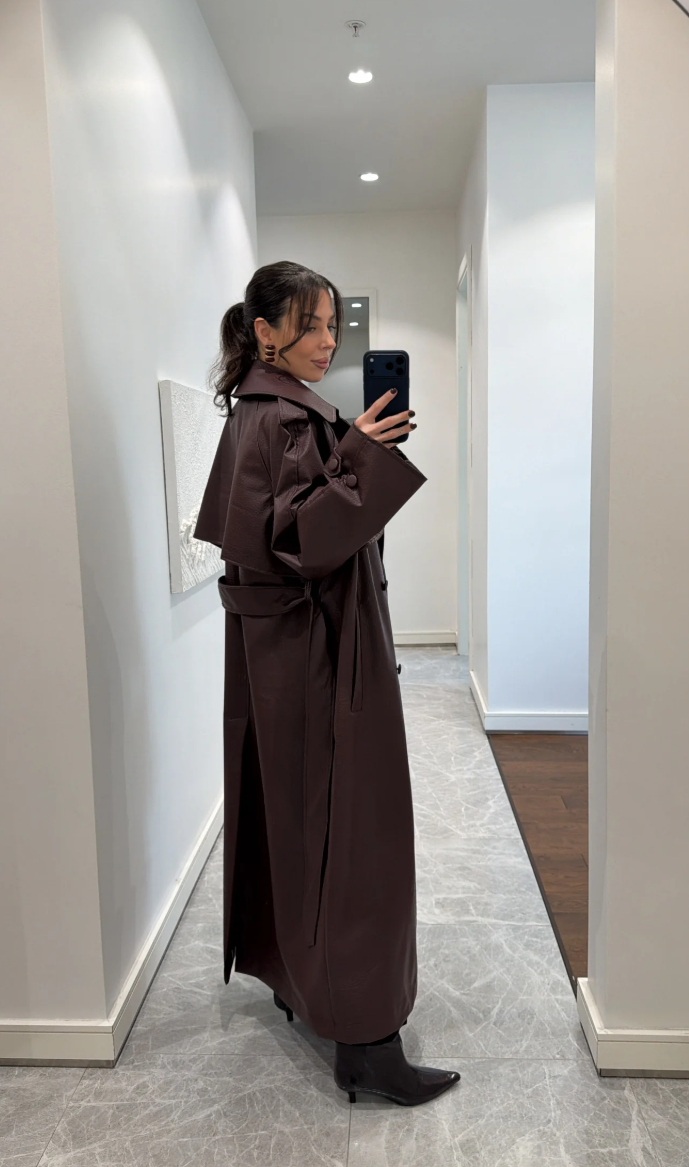 Crocodile-Textured Padded Trench Coat — Burgundy