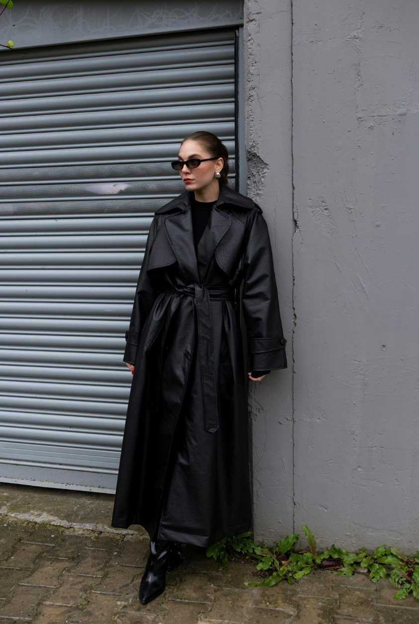 Crocodile-Textured Padded Trench Coat — Black