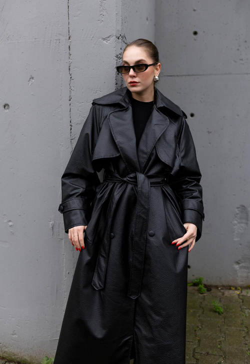 Crocodile-Textured Padded Trench Coat — Black