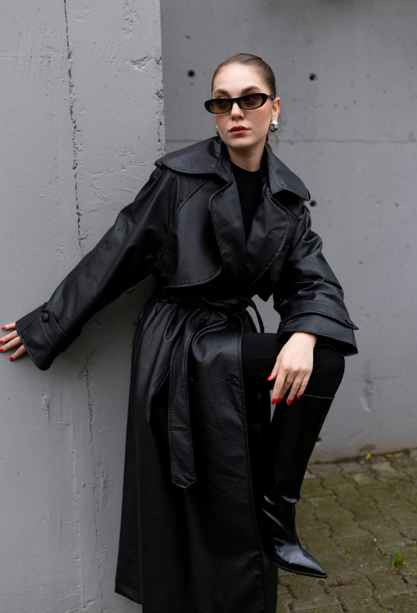 Crocodile-Textured Padded Trench Coat — Black