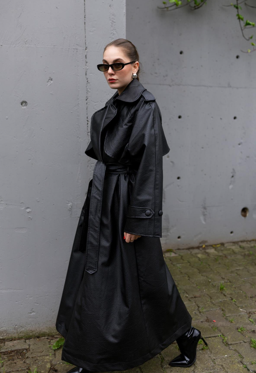 Crocodile-Textured Padded Trench Coat — Black