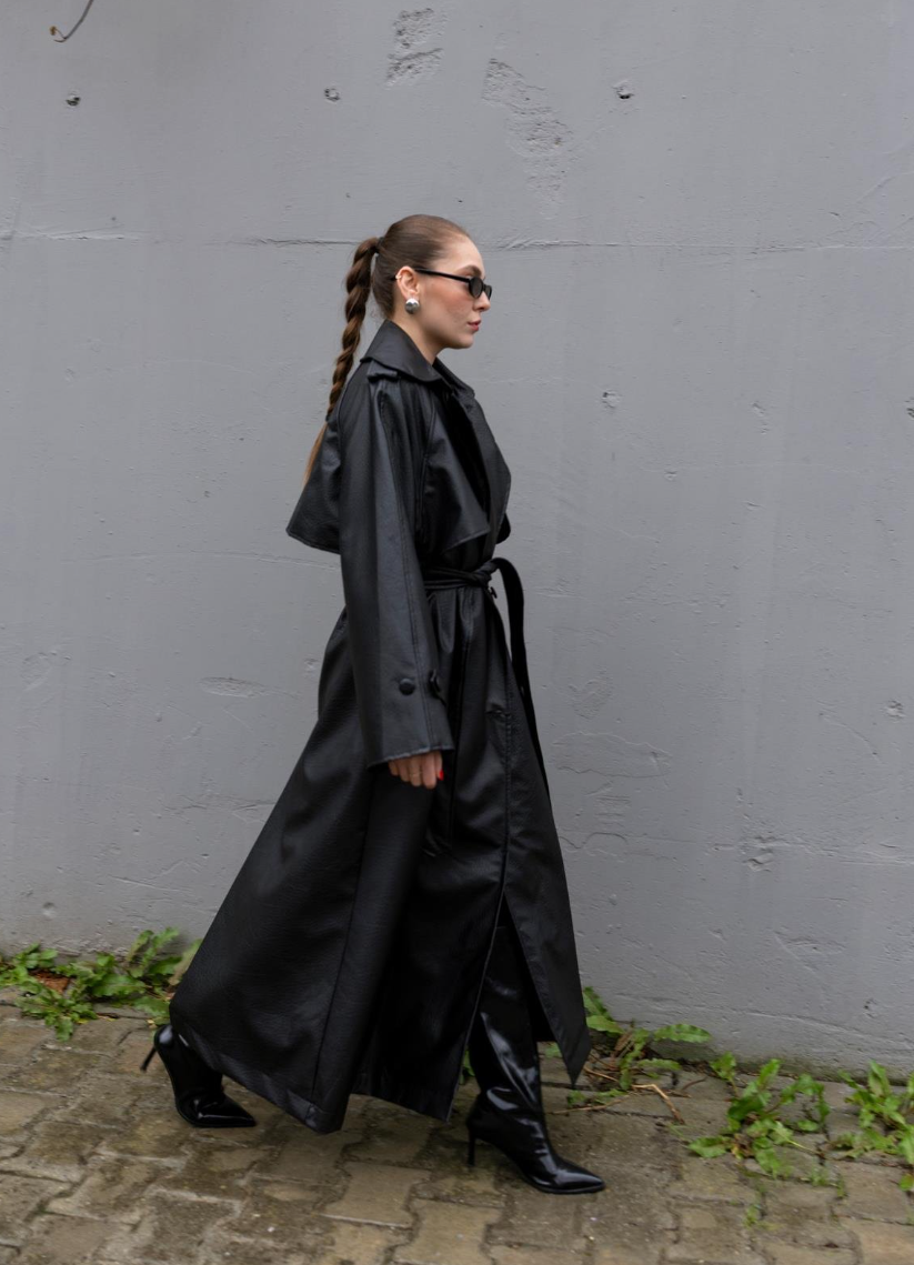 Crocodile-Textured Padded Trench Coat — Black