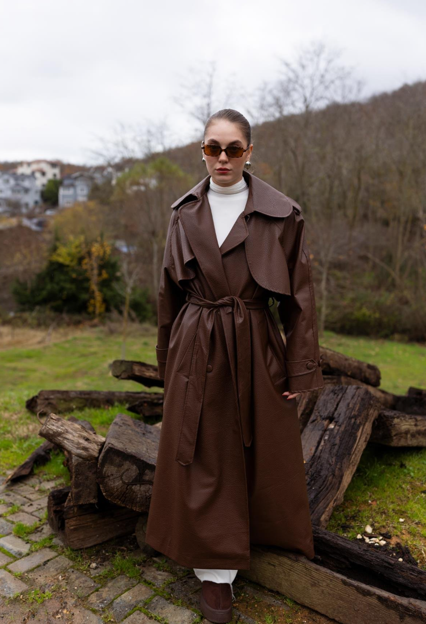 Crocodile-Textured Padded Trench Coat — Brown