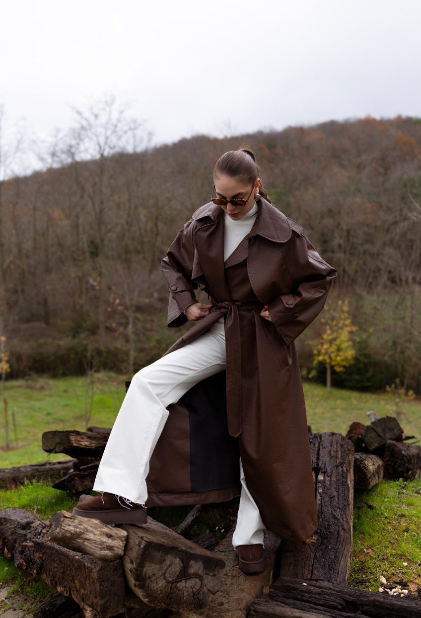 Crocodile-Textured Padded Trench Coat — Brown