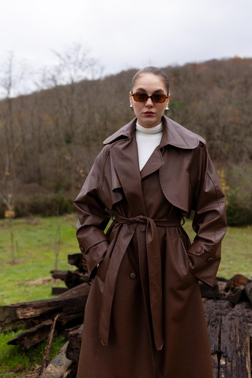 Crocodile-Textured Padded Trench Coat — Brown