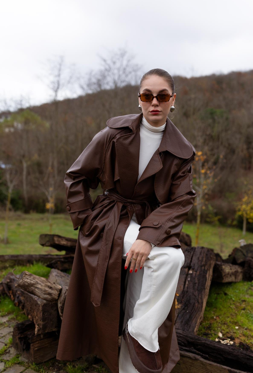 Crocodile-Textured Padded Trench Coat — Brown