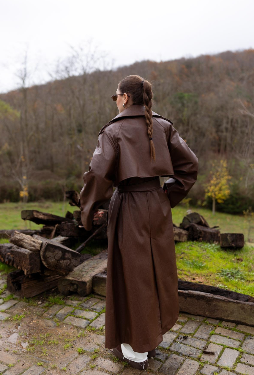 Crocodile-Textured Padded Trench Coat — Brown